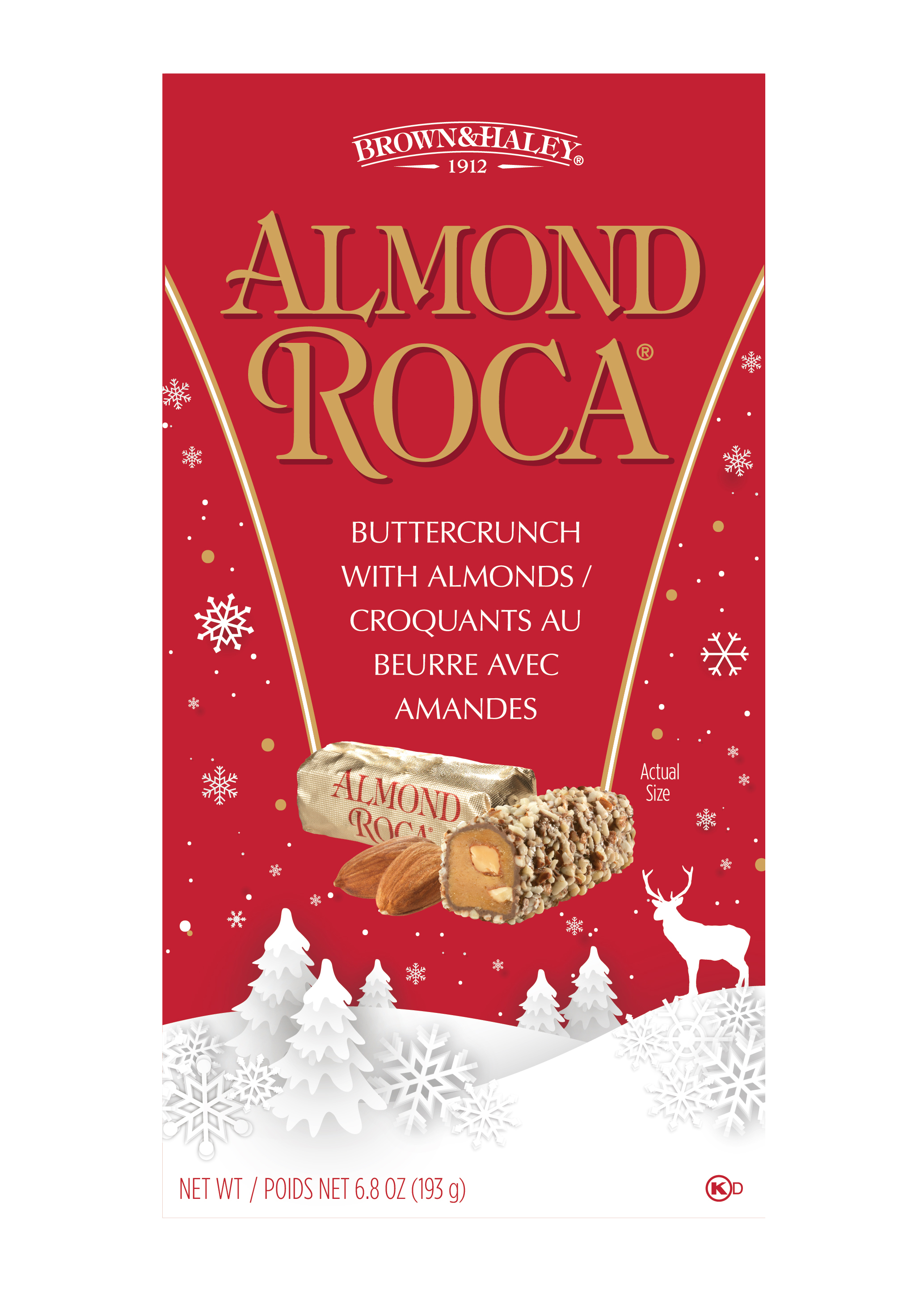 mockup image of the winter design Almond ROCA package straight front view